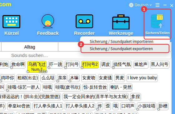 Sichern/Teilen → Sicherung / Soundpaket exportieren