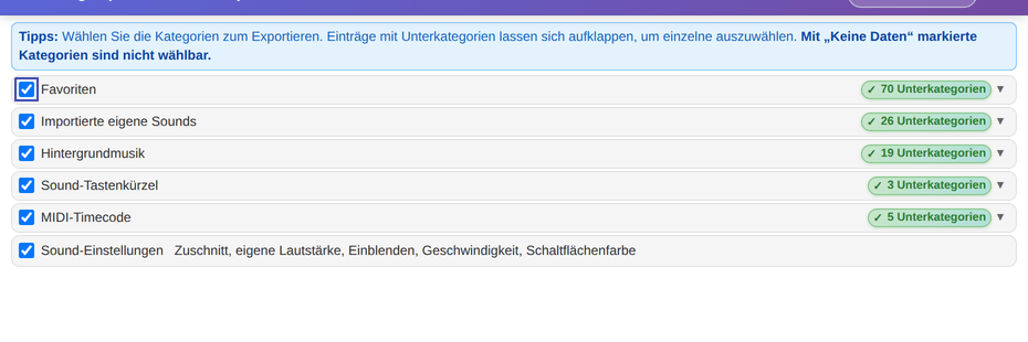 Kategorien für den Export markieren und auf Exportieren klicken