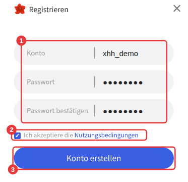Registrierungsfenster: ① Konto und Passwort eingeben ② Zustimmung ankreuzen ③ auf Konto erstellen klicken
