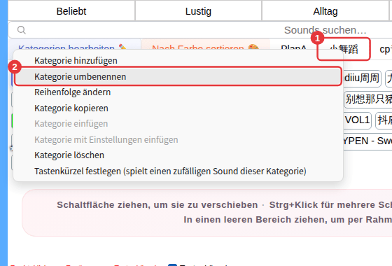 ① Ein Unterkategorie-Tab ② sein Rechtsklickmenü