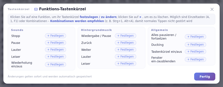 Das Fenster Funktions-Tastenkürzel