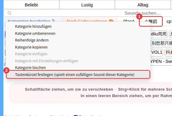 ① Rechtsklick auf einen Unterkategorie-Tab ② Tastenkürzel festlegen (spielt einen zufälligen Sound dieser Kategorie)