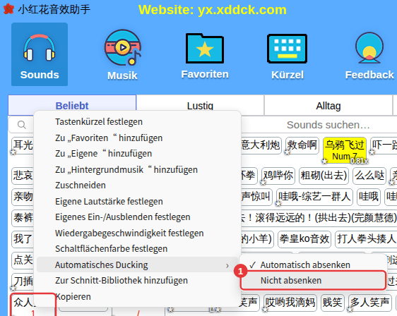 Rechtsklick auf einen Sound → Automatisches Ducking → Nicht absenken