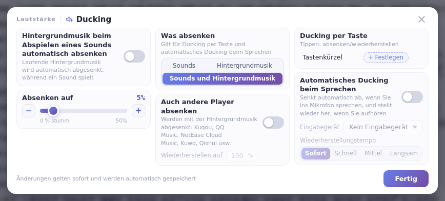 Das Ducking-Fenster: Änderungen gelten sofort und werden automatisch gespeichert