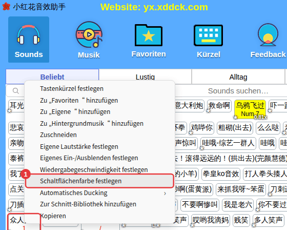 Rechtsklick auf einen Sound → Schaltflächenfarbe festlegen