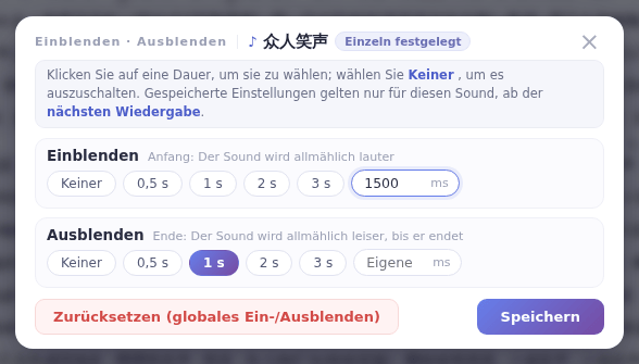 Das Fenster Einblenden · Ausblenden: Dauer für Ein- und Ausblenden wählen