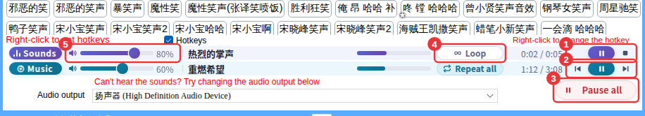 ① Pause/stop for sounds ② previous/play-pause/next for music ③ Pause all ④ sound loop ⑤ volume
