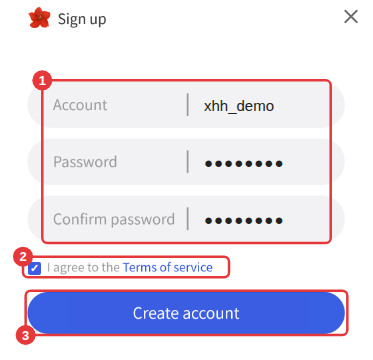 Sign-up window: ① enter an account and password ② tick to agree ③ click Create account