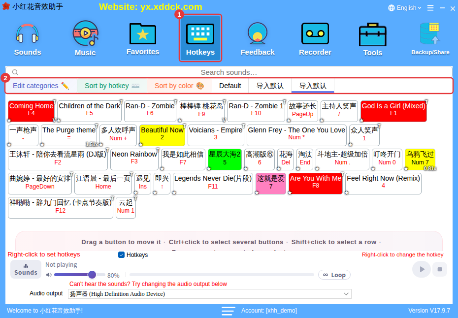 ① Hotkeys ② hotkey categories