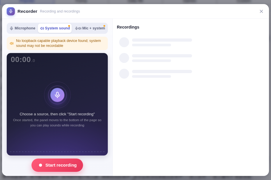 The Recorder: choose a source and record on the left; your recordings are on the right