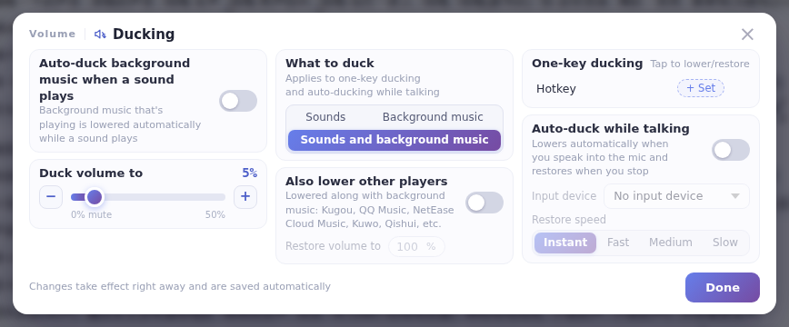 The Ducking window: changes take effect right away and are saved automatically