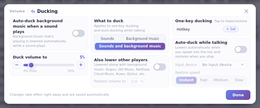 The Ducking window: Restore volume to is right below Also lower other players