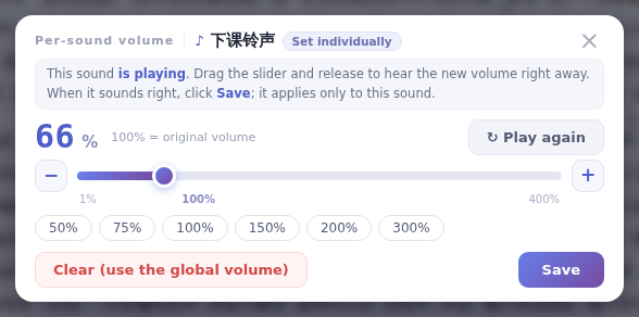 The Per-sound volume window: 100% is the original volume