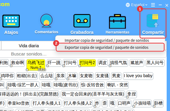 Compartir → Exportar copia de seguridad / paquete de sonidos