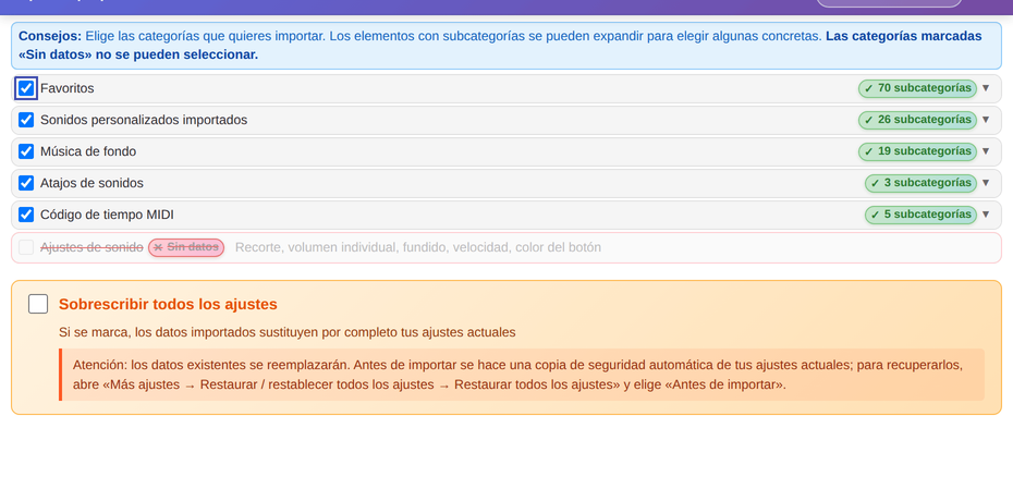 Importar un paquete de sonidos: elige categorías y si sobrescribes todos los ajustes