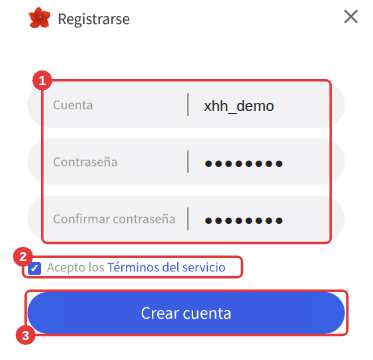 Ventana de registro: ① escribe la cuenta y la contraseña ② marca la casilla ③ haz clic en Crear cuenta