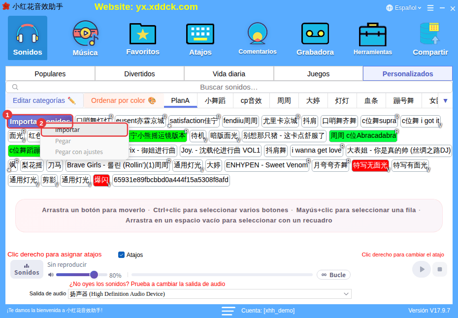 Clic derecho en Importar sonidos: Importar / Pegar / Pegar con ajustes