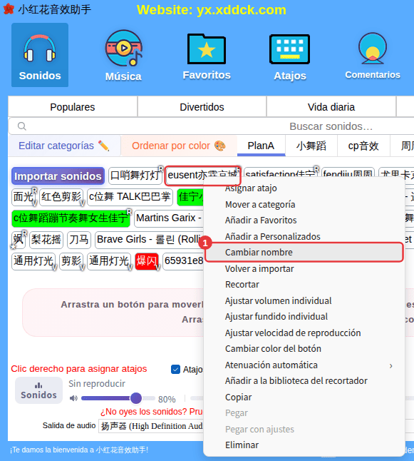 Menú contextual de un sonido personalizado (ejemplo: Cambiar nombre)