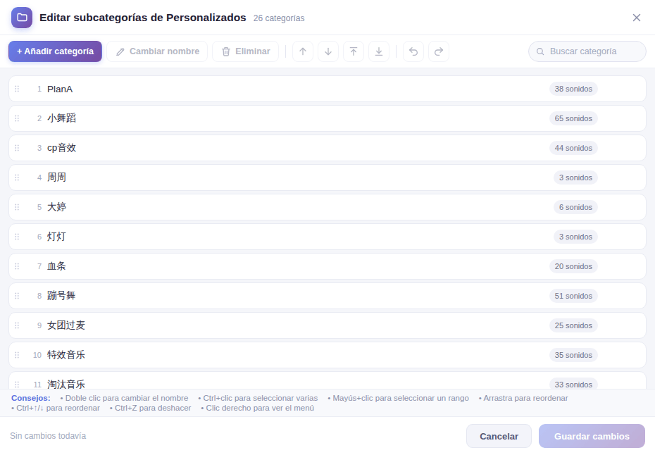 Editar categorías: crear, cambiar nombre, ordenar