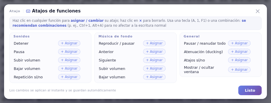 La ventana Atajos de funciones