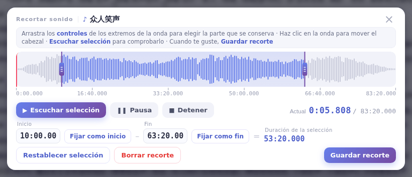 La ventana Recortar sonido: arrastra los controles de la forma de onda, escucha y haz clic en Guardar recorte