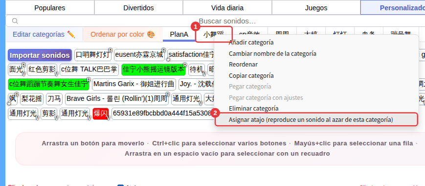 ① Clic derecho en una pestaña de subcategoría ② Asignar atajo (reproduce un sonido al azar de esta categoría)