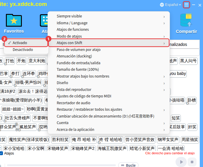 ≡ arriba a la derecha → Atajos con Shift