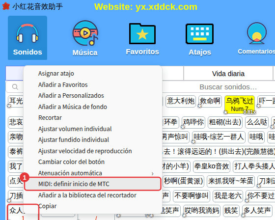 Clic derecho en un sonido → MIDI: definir inicio de MTC