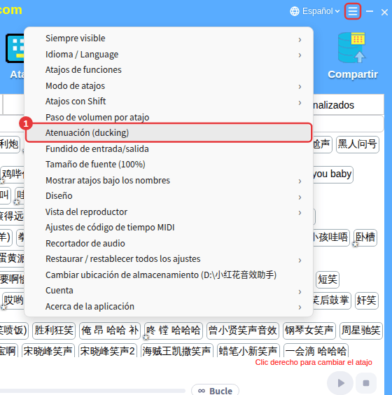 ≡ arriba a la derecha → Atenuación (ducking)