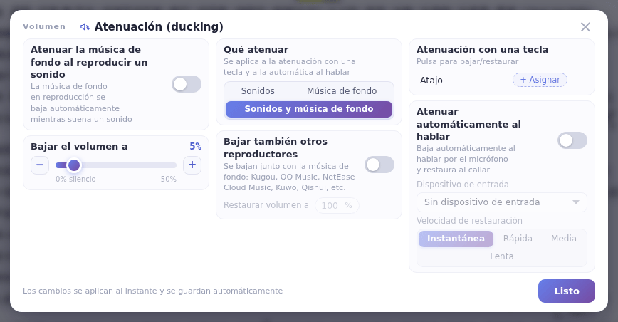 La ventana de Atenuación (ducking): Restaurar volumen a está justo debajo de Bajar también otros reproductores
