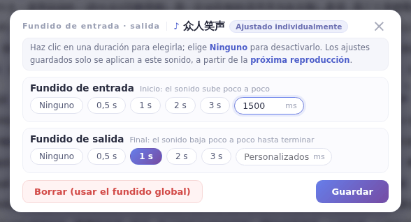 La ventana Fundido de entrada · salida: elige la duración de cada fundido