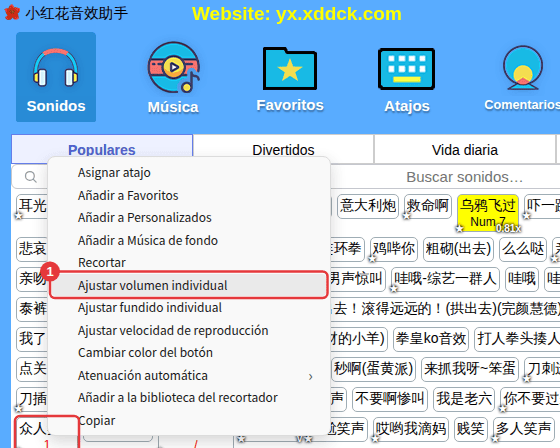 Clic derecho en un sonido → Ajustar volumen individual
