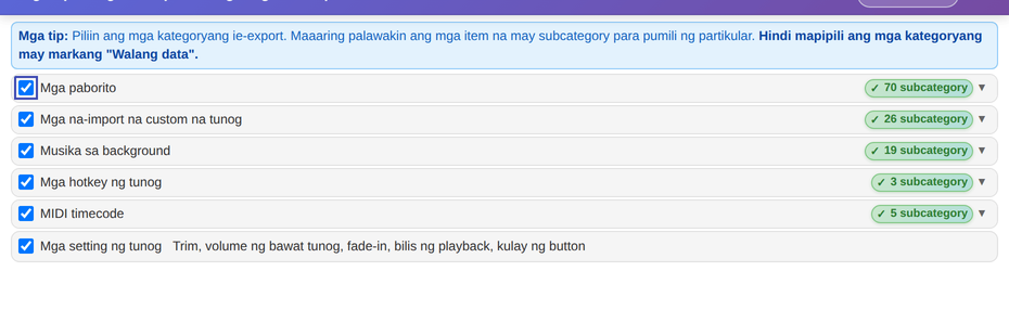 I-check ang mga kategoryang ie-export at i-click ang I-export