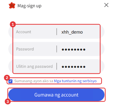 Window ng pag-sign up: ① ilagay ang account at password ② i-check ang pagsang-ayon ③ i-click ang Gumawa ng account