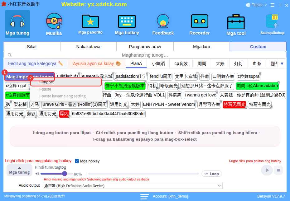 I-right click ang Mag-import ng tunog: I-import / I-paste / I-paste kasama ang setting