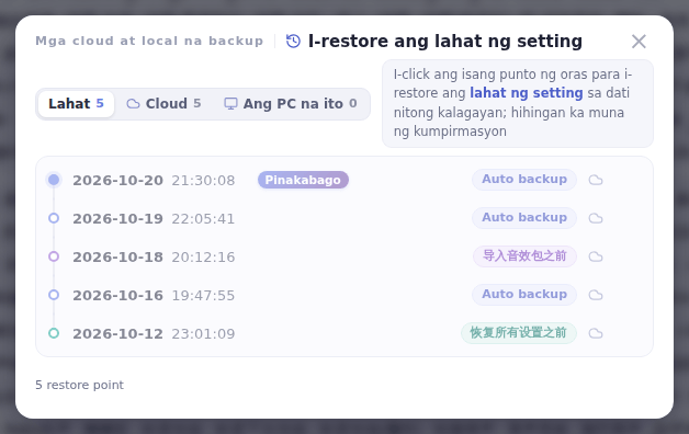 Ang window na I-restore ang lahat ng setting: pumili ng restore point
