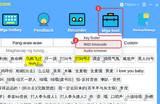 Mga tool sa toolbar → MIDI timecode