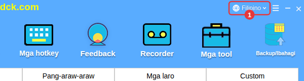 Ang menu ng wika sa title bar