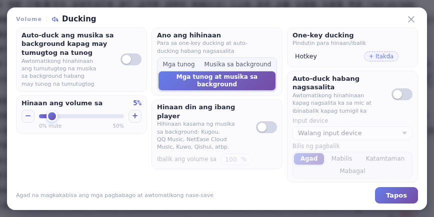 Ang window ng Ducking: nasa ilalim mismo ng Hinaan din ang ibang player ang Ibalik ang volume sa