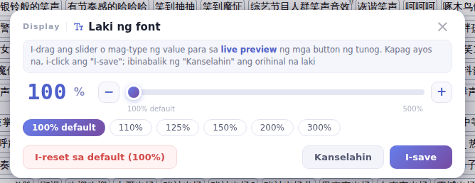 Ang window ng Laki ng font