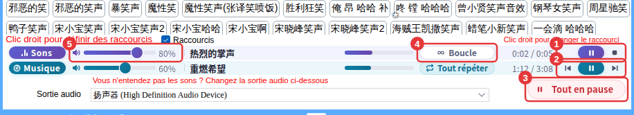 ① Pause/arrêt des sons ② précédent/lecture-pause/suivant de la musique ③ Tout en pause ④ boucle des sons ⑤ volume