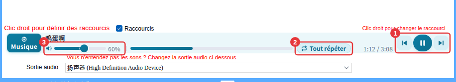 ① Précédent / lecture-pause / suivant ② ordre de lecture ③ volume de la musique