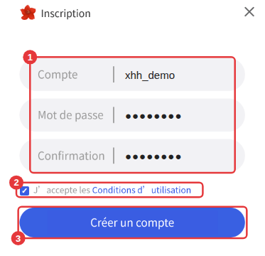 Fenêtre d’inscription : ① saisissez le compte et le mot de passe ② cochez l’accord ③ cliquez sur Créer un compte