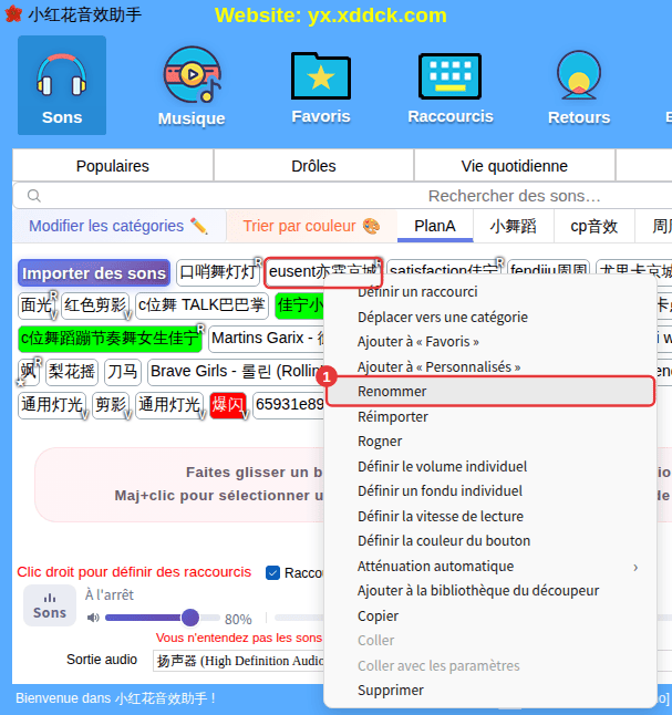 Menu contextuel d’un son personnalisé (exemple : Renommer)