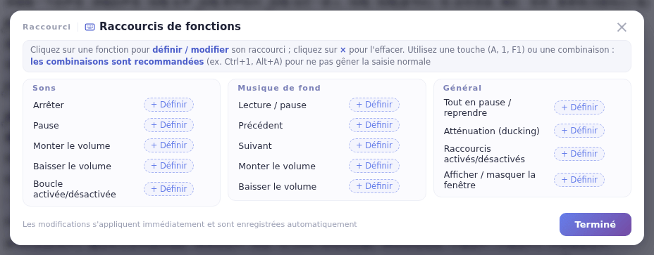 La fenêtre Raccourcis de fonctions