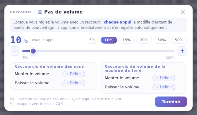 Exemple : avec un volume de sons à 80 %, un appui sur plus donne 90 % et un appui sur moins 70 %