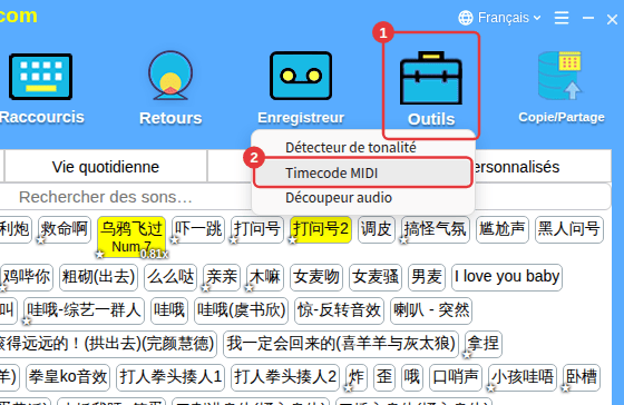 Outils dans la barre d’outils → Timecode MIDI