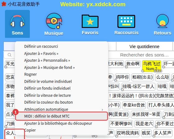 Clic droit sur un son → MIDI : définir le début MTC