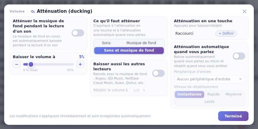 La fenêtre Atténuation (ducking) : Rétablir le volume à se trouve juste sous Baisser aussi les autres lecteurs