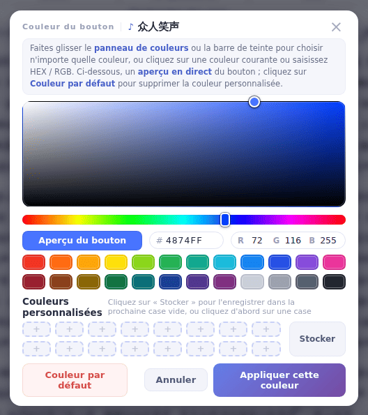 Choisissez une couleur et cliquez sur Appliquer cette couleur ; Couleur par défaut retire la couleur propre